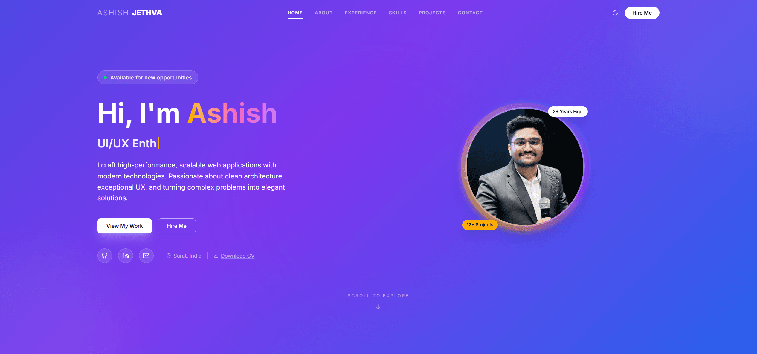 Screenshot of Ashish Jethva's portfolio website built with Next.js